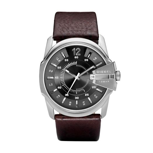 Diesel Master Chief Stainless Steel and Leather Three-Hand Analog Men's Watch, Color: Silver, Brown (Model: DZ1206)