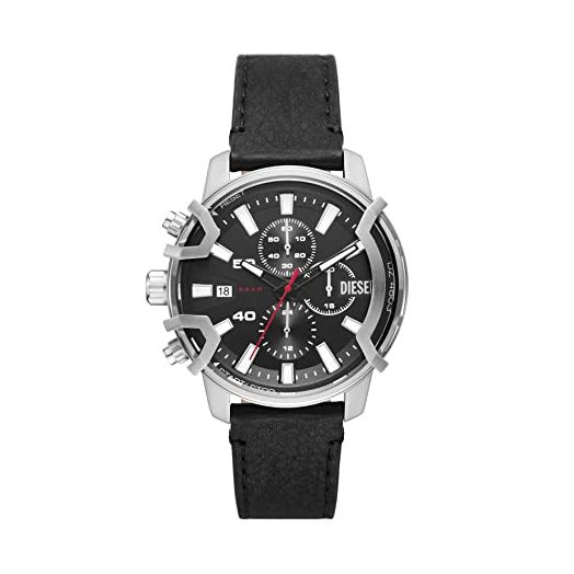 Diesel All-Gender 42mm Griffed Quartz Stainless Steel and Leather Chronograph Watch, Color: Silver, Black (Model: DZ4603)