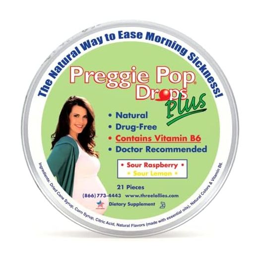 Preggie Pop Drops Plus | 21 Drops | Vitamin B6 for Morning Sickness & Nausea Relief during pregnancy | Safe for pregnant Mom & Baby | Gluten Free | Two Flavors: Lemon & Raspberry