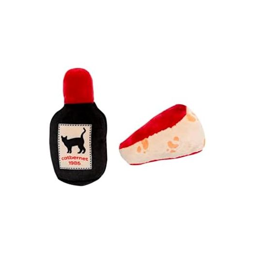 Pearhead Pet Cheese and Wine Plush Cat Toys, Set of 2, Wine and Cheese Catnip Toys, Crinkle Cat Toys, Cat Owner Valentine's Day Keepsake