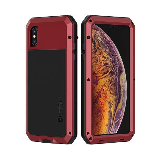 Lanhiem iPhone Xs Max Metal Case, Heavy Duty Shockproof [Tough Armour] Rugged Case with Built-in Glass Screen Protector, 360 Full Body Protective Cover for iPhone Xs Max (6.5" 2018) -Red