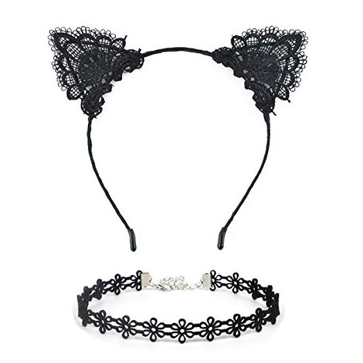 2PCS Black Sexy Lace Cat Ear Headbands & Lace collar for Birthday Party Gift Women Hoop Head Girls Sexy Ear Cat Hairband Headwear Hair Accessories