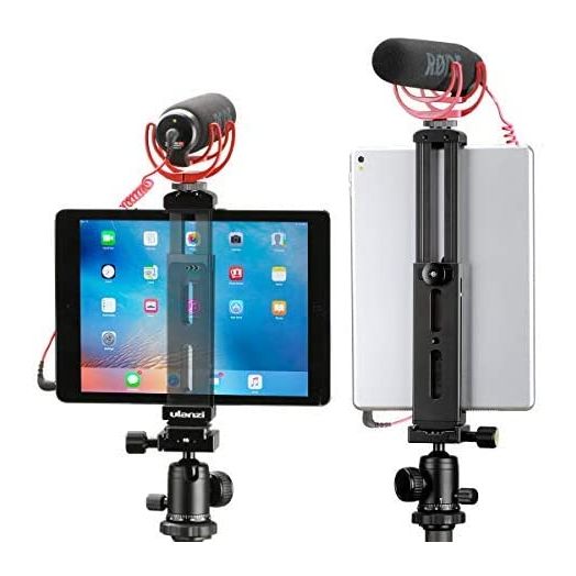 Aluminum iPad Tablet Tripod Mount Light Attachment with ipad,7.9-12.9 inches Adjustable Clamp with Cold Shoe Mount Compatible with iPad Mini iPad 2/3/4, iPad Air/Air2, iPad Pro Video Recording