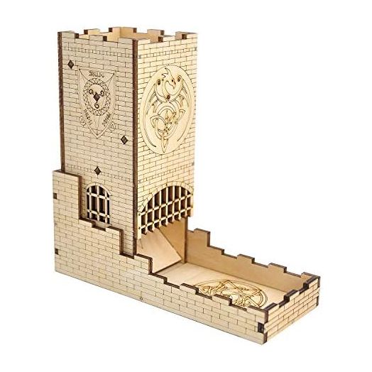 Castle Dice Tower with Tray Wood Laser Cut Dragon Carving Easy Roller for Board Game, D&D and RPG