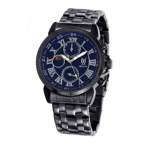 Konigswerk Mens Watch Black Bracelet Blue Dial Roman Numerals Day Date Sun Moon Display AQ202465-1G