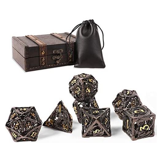 AncientDeer DND Dice Set 7 Pieces D&D Pure Copper Hollow Polyhedral DND Dice W/ Gift Box & Dice Bag for DND