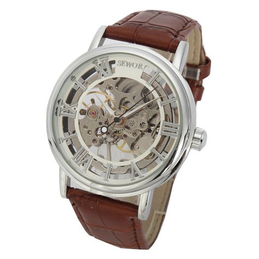 Men's Mechanical Skeleton Transparent Vintage Style Leather Wrist Watch (Sliver)