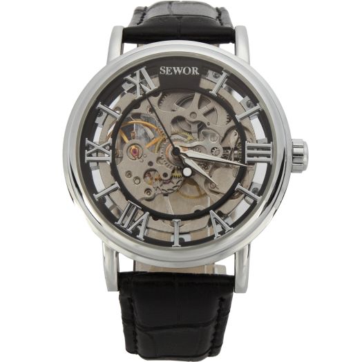 Men's Mechanical Skeleton Transparent Vintage Style Leather Wrist Watch (Black)