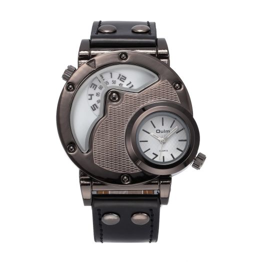 Mens Oversized Wrist Watch Steampunk Dual Time Quartz Black Leather Band White Dial OM-216