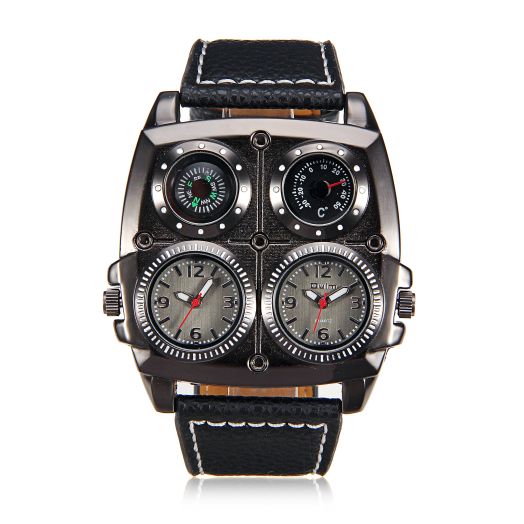 Mens Black Watch Oversized Large Face Dual Time Display Black Square Dial Leather Band OM-247