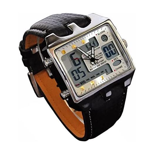 ShoppeWatch Mens Referee Sports Watch Big Square Face LED Dual Time Analog Digital Light Up Dial Stopwatch Leather Band Relojes Deportivos de Hombre Cronometros Wacht Hombre OH-112