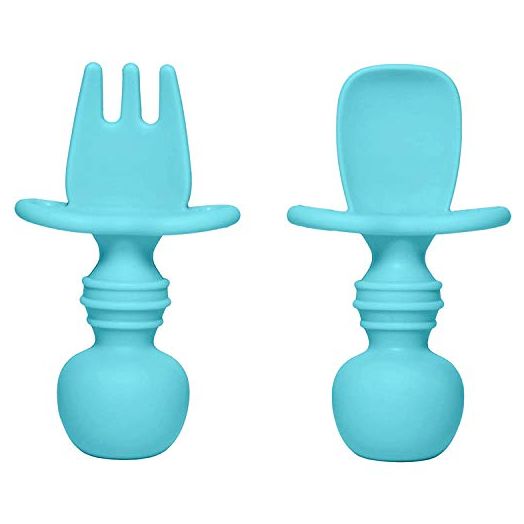 Silicone Baby Fork and Spoon Set, Baby Led Weaning Utensils, Stage 1 for Ages 6 Months (Blue)