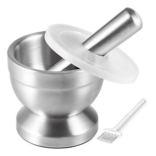 Tera 18/8 Stainless Steel Mortar and Pestle with Brush, Pill Crusher, Spice Grinder, Herb Bowl, Pesto Powder