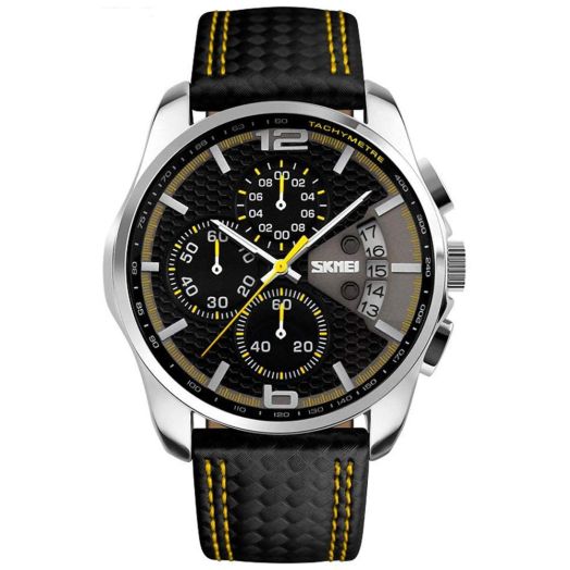 MASTOP Men’s Analog Quartz Watches Black Leather Band Calendar Chronograph Waterproof Sports Watch (Yellow)
