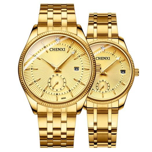 MASTOP Couple Watches Dress Wrist Watch Golden Watch Men Women Stainless Steel Waterproof Quartz Watch (Gold)