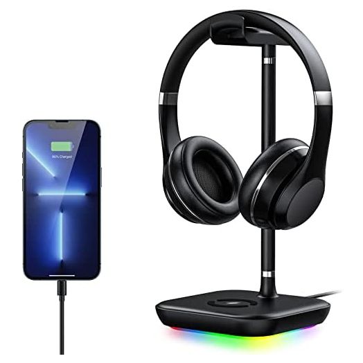 RGB Headphone Stand with USB Charger Desk Gaming Headset Holder Hanger Rack with 2 USB Charging Ports, Suitable for Gamer Desktop Table Game, Earphone Accessories, DJ, Boyfriend Gift