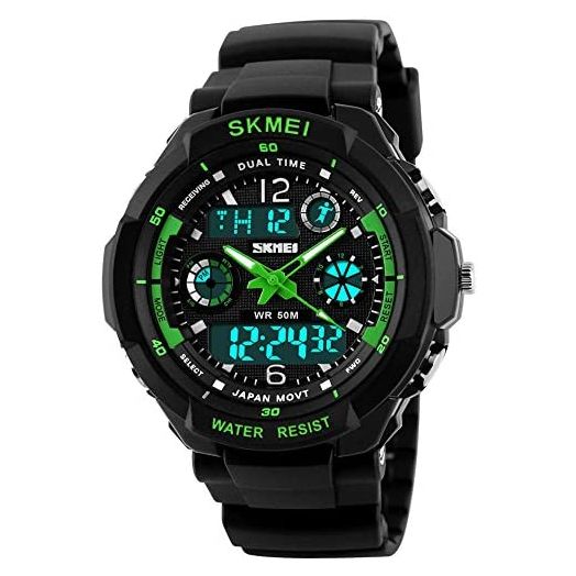 Fanmis Military Analog Digital Display Multifunction Dual Time Alarm Stopwatch Backlight 50M Waterproof Sports Watch Green