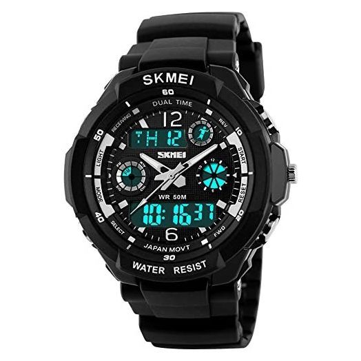 Fanmis Unisex Sports Watches Multifunction Dual Time 12/24H Led Backlight 50M Waterproof Stopwatch Alarm Military Watch Black