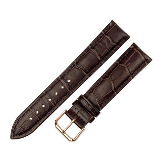 RECHERE Alligator Crocodile Grain Leather Watch Band Strap Rose Gold Pin Buckle (Brown 18mm)