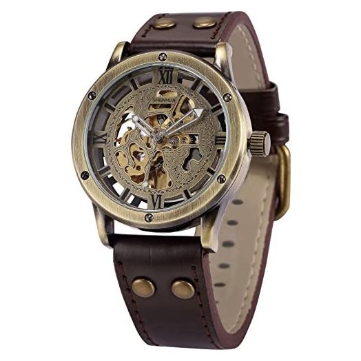 AMPM24 Steampunk Vintage Bronze Case Automatic Mechanical Skeleton Leather Band Men's Sport Watch