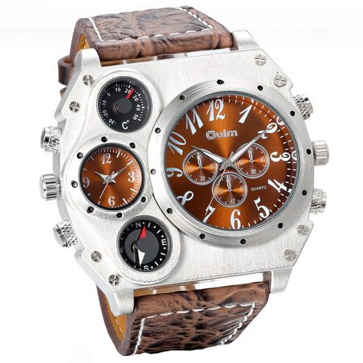Oulm Compass Outdoor Sports Watches Analog Dark Brown Leather Strap Four Sub-dials Men Watch