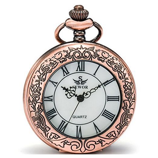 Quartz Pocket Watch Shell Dial Magnifier Case with Two Type Chain (Leather+Metal) (Red Copper)
