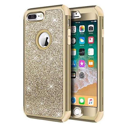 Hython Designed for iPhone 8 Plus, iPhone 7 Plus Case, Heavy Duty Defender Protective Bling Glitter Sparkle Hard Shell Hybrid Shockproof Rubber Bumper Cover for iPhone 7 Plus and 8 Plus, Gold