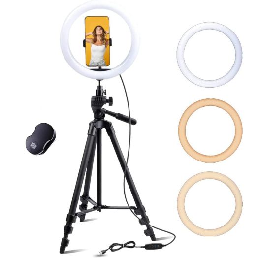 Fugetek 12" Selfie Ring Light with 54" Extendable Aluminum Tripod, Wireless Bluetooth Remote, Phone Holder, for Live Stream Video, Photos, Make Up, 3 Color Modes, USB Powered