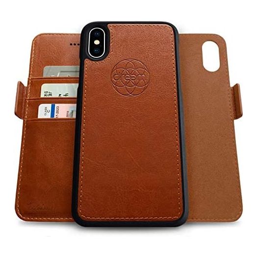 Dreem Fibonacci 2-in-1 Wallet-Case for Apple iPhone Xs Max - Luxury Vegan Leather, Magnetic Detachable Shockproof Phone Case, RFID Card Protection, 2-Way Flip Stand - Caramel