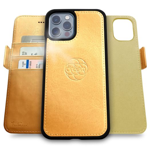 Dreem Fibonacci 2-in-1 Wallet Case for Apple iPhone 12 & 12 Pro - Luxury Vegan Leather, Magnetic Detachable Shockproof Phone Case, RFID Card Protection, 2-Way Flip Stand - Gold