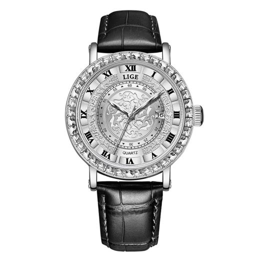 Dacdyi Unisex Simple Waterproof Romana Numerals Leather Band Rhinestone Bracelet Round Dial with Calendar Analog Quartz Wrist Watches Couple Watches (Black)