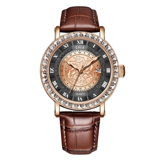 Dacdyi Unisex Simple Waterproof Romana Numerals Leather Band Rhinestone Bracelet Round Dial with Calendar Analog Quartz Wrist Watches Couple Watches (Brown)