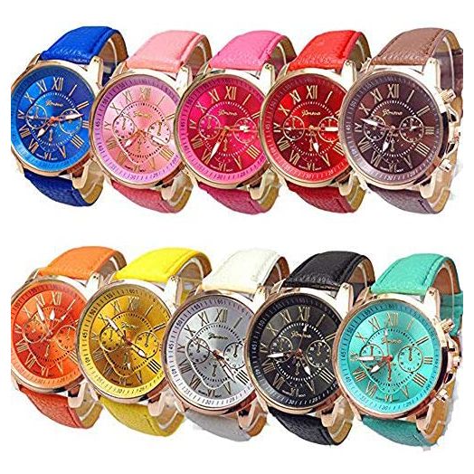 CdyBox Women Men Lady Teen Girl PU Leather Band Watches Roman Numerals Dial Analog Quartz Wristwatches (10 Pack)