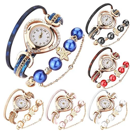 CdyBox Women's 6 Pack Inlay Diamond Pearl Wrist Watches Wrap Around Bracelet Analog Quartz Dress Wrist Watches Gifts