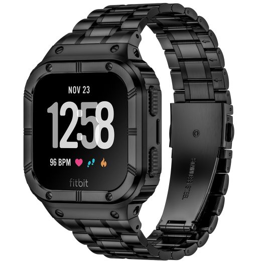 BAITEYOU Stainless Steel Watch Band with Case Compatible for Fitbit Versa 4 3 2 1 Lite,Fitbit Sense 2/Sense Bands, Rugged Protective Metal Wristbands for Men Black