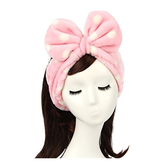 Shintop Women Fashion Lovely Soft Carol Fleece Bowknot Bow Makeup Cosmetic Shower Elastic Hair Band Hairlace Headband (Pink Polka dots)