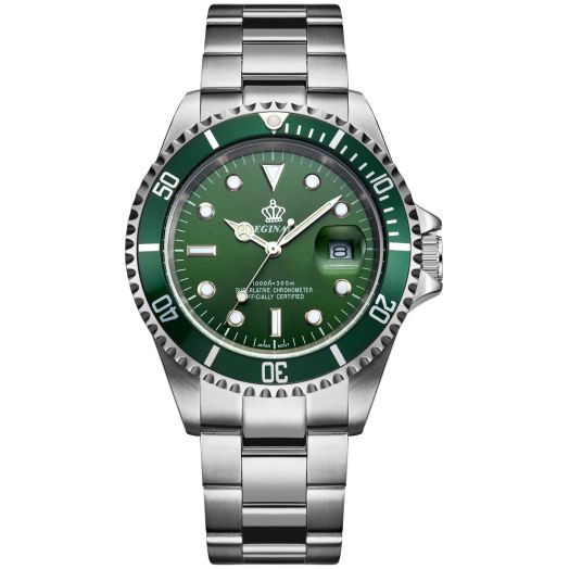 FANMIS Mens Luxury Watches Rotatable Bezel Mineral Glass Luminous Hand Quartz Silver Tone Stainless Steel Watch (Green)