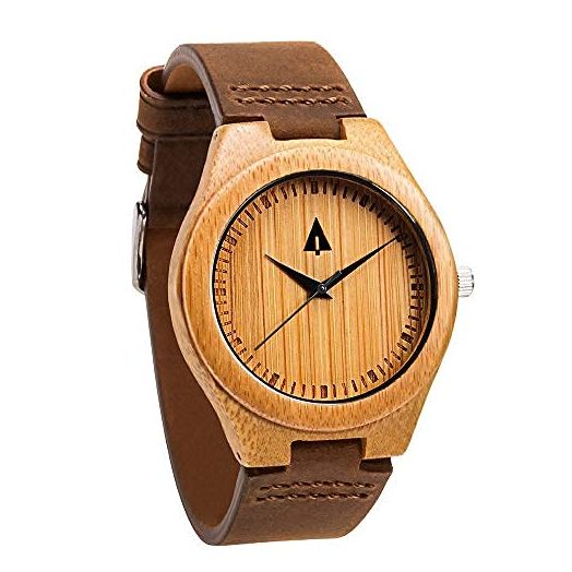 Treehut Wooden Bamboo Watches for Men, Japanese Quartz Movement, Stylish Exotic Wrist Watch with Brown Leather Straps, Watch Made from Wood, Relojes para Hombre