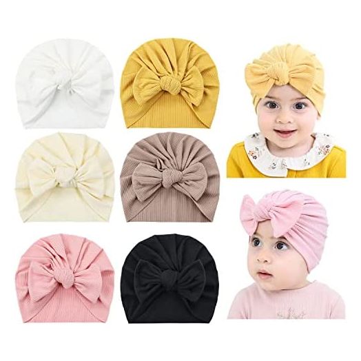 Cinaci 6 Pack Soft Stretchy Turban Hats with Knotted Big Bow Caps Beanies Bonnets Headwraps Hair Accessories for Baby Girls Infants Toddlers Kids