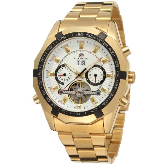 Forsining Men's Automatic Mechanical Transparent Crystal Tourbillon Wrist Watch Color White FSG340M4G2