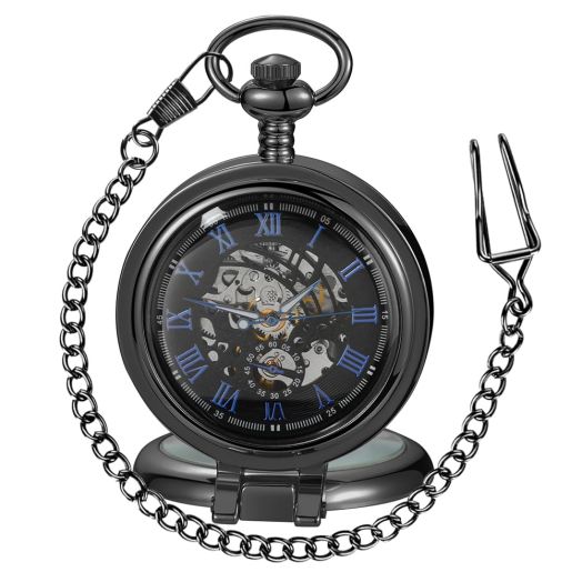 Alwesam Transparent Cover Mechanical Pocket Watch for Men Vintage Skeleton Dial Clock Hand Wind Male Fob Chain Watches(black)
