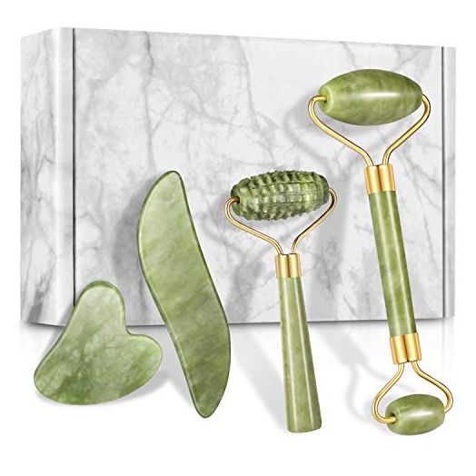 4-pcs Jade Roller & Gua Sha Set, Facial Roller Massager with Gua Sha Scraping Tool, Jade Stone Massager for Anti-aging, Slimming & Firming, Rejuvenate Face and Neck, Remove Wrinkles & Eye Puffiness