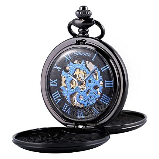 SIBOSUN Pocket Watch Men's Pocket Watches Mechanical Pocket Watch with Chain Roman Numerals Dial Skeleton Men Women - Gifts for Dad, Grandpa, Husband, Boyfriend