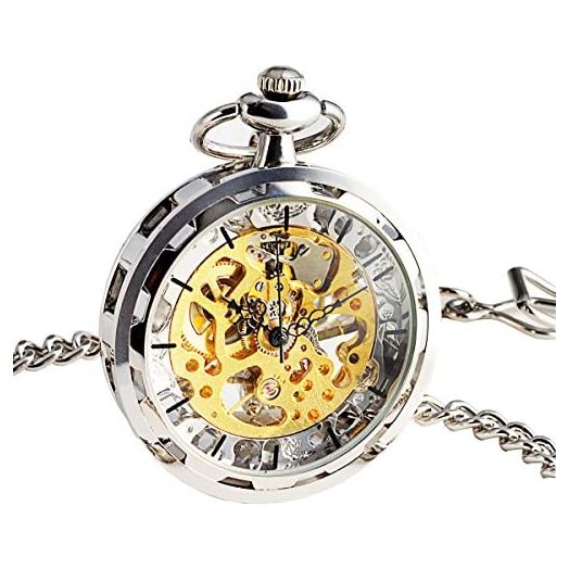 SIBOSUN Steampunk Transparent Open Face Pocket Watch for Men Women Skeleton Dial Antique with Chain + Box