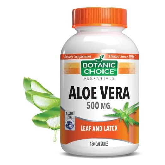 Premium Natural Aloe Vera Supplement, Digestive Health Support, Lead and Latex Herbal, 500 mg, 180 Count Pills Capsules, Gluten Free Non-GMO Allergen Free, Botanic Choice