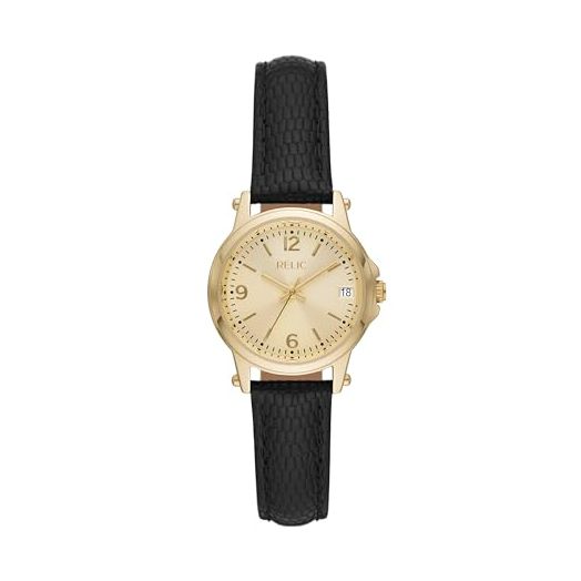 RELIC by Fossil Women's Matilda Three-Hand Date Gold Alloy Metal and Black Leather Band Watch (Model: ZR34630)