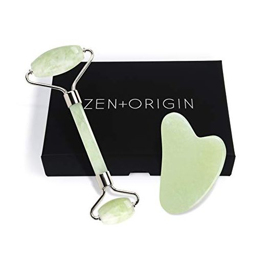 Jade Roller and Gua Sha Set - 100% Natural Jade Stone Face Roller, Dual Sided Massage Roller Stimulates Blood Flow, Relieves Stress, Reduces Signs of Aging, Travel Pouch Included, Gift Box