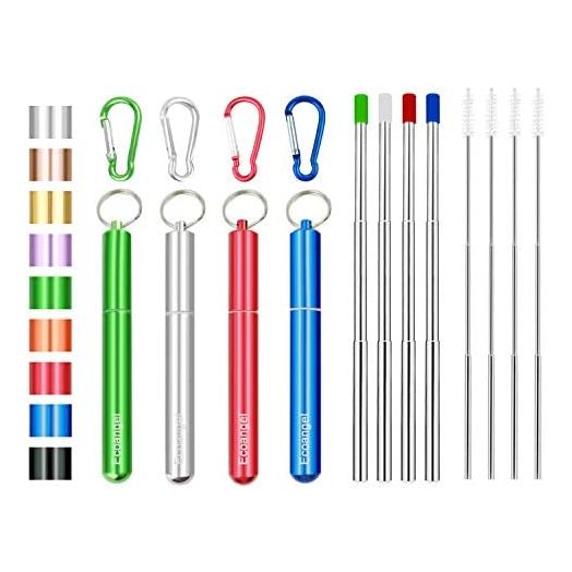 Portable Reusable Metal Straw Collapsible Stainless Steel Drinking Straw Telescopic Straw to Drink (4 Pack)