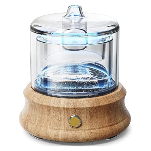 Glass Essential Oil Diffuser Humidifier, [Plastic Free] Glass Reservoir Natural Wood Base, Waterless Auto Shut-Off 7 Colors Lights Aroma Diffusers for Bedroom Home Room Office Yoga Mom Wife Gift 80 ML