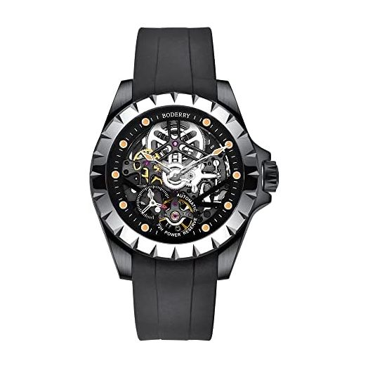 Boderry Original Mens Watches Mechanical Stainless Steel Skeleton Waterproof Automatic Self-Winding Luminous Wrist Watch with Rubber/Leather Strap 72H Power-Reserve